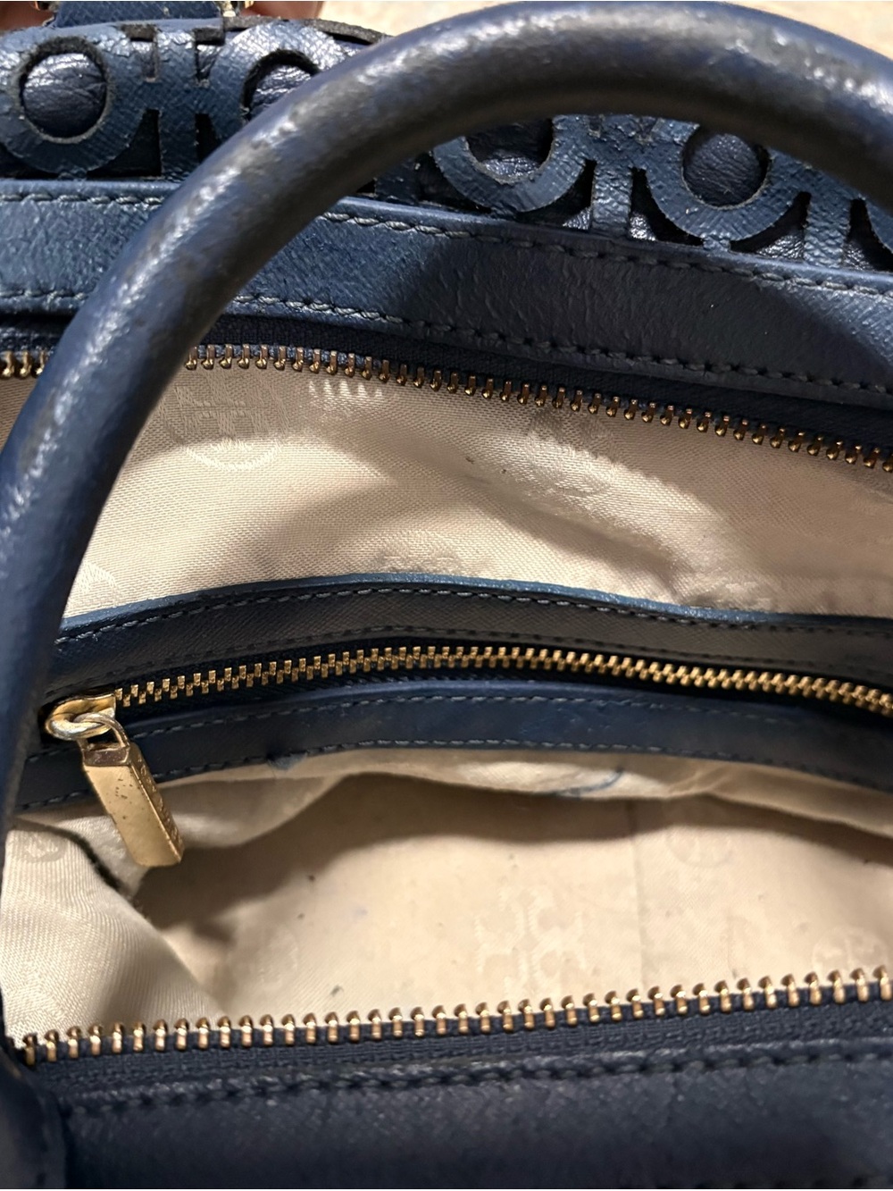Tory Burch Navy Perforated Logo Satchel with Gold Hardware (REHAB) - Picture 5 of 9